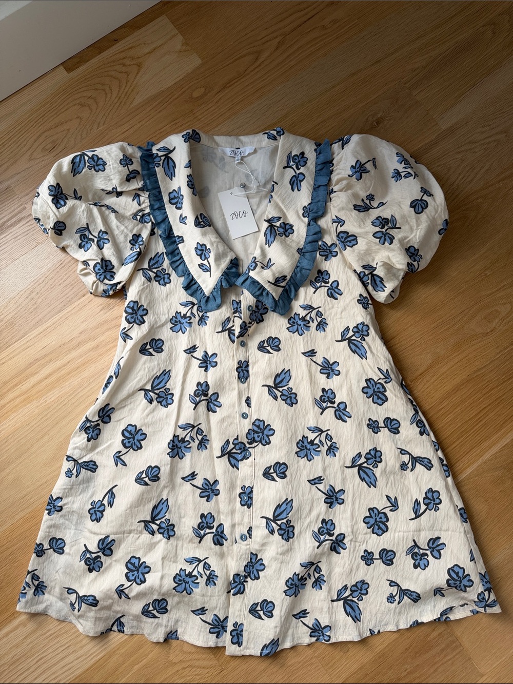 Blue Floral Puff-Sleeve Kids Dress with Ruffle Collar